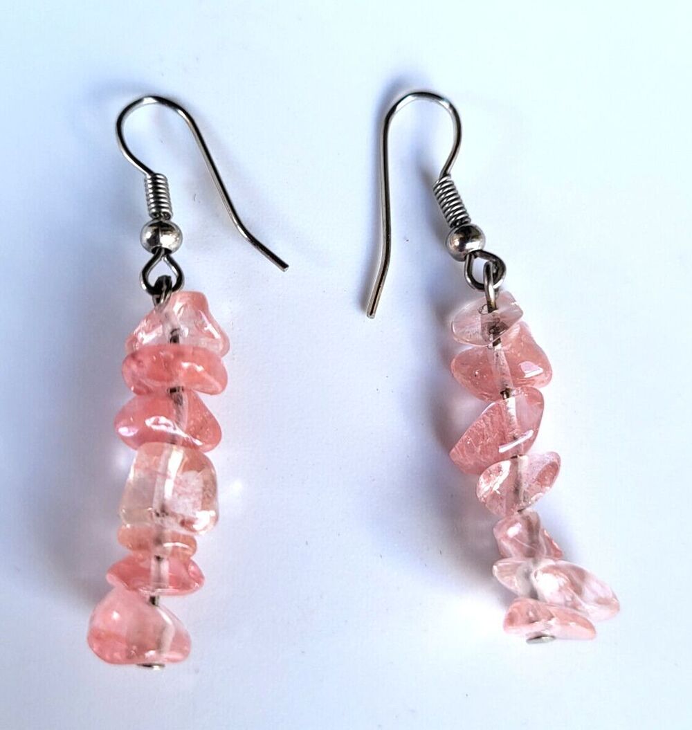 Rose Quartz Dainty Drop Earrings with Sterling Silver Hooks 1.5 in